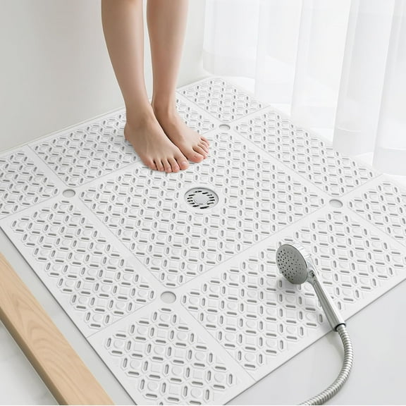 Square Shower Mat, 27" x 27" Large Shower Mat with Center Drain Hole, Soft TPE Non Slip Shower Mats for Inside Shower with Suction Cups, Anti Slip Washable Shower Floor Mat, White