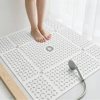 Square Shower Mat, 27" x 27" Large Shower Mat with Center Drain Hole, Soft TPE Non Slip Shower Mats for Inside Shower with Suction Cups, Anti Slip Washable Shower Floor Mat, White