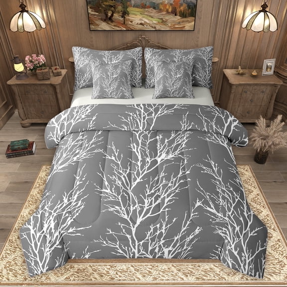 Homewish Chic Grey Branches Twin Bedding Sets 7-Piece, Jungle Plant Botanical Bedding Comforter Set, Teens Adult Men Female Reversible Sheet Sets, Lightweight Room Decor
