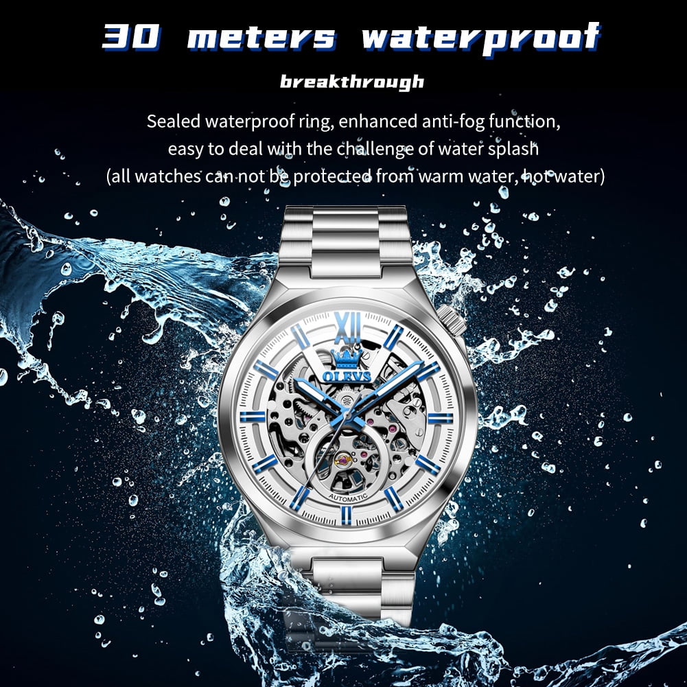 OLEVS Skeleton Watches for Men Luxury Dress Automatic Self Winding Mechanical Gold Plated Stainless Steel Waterproof Luminous Business Men Wrist Watch Reloj Para Hombre