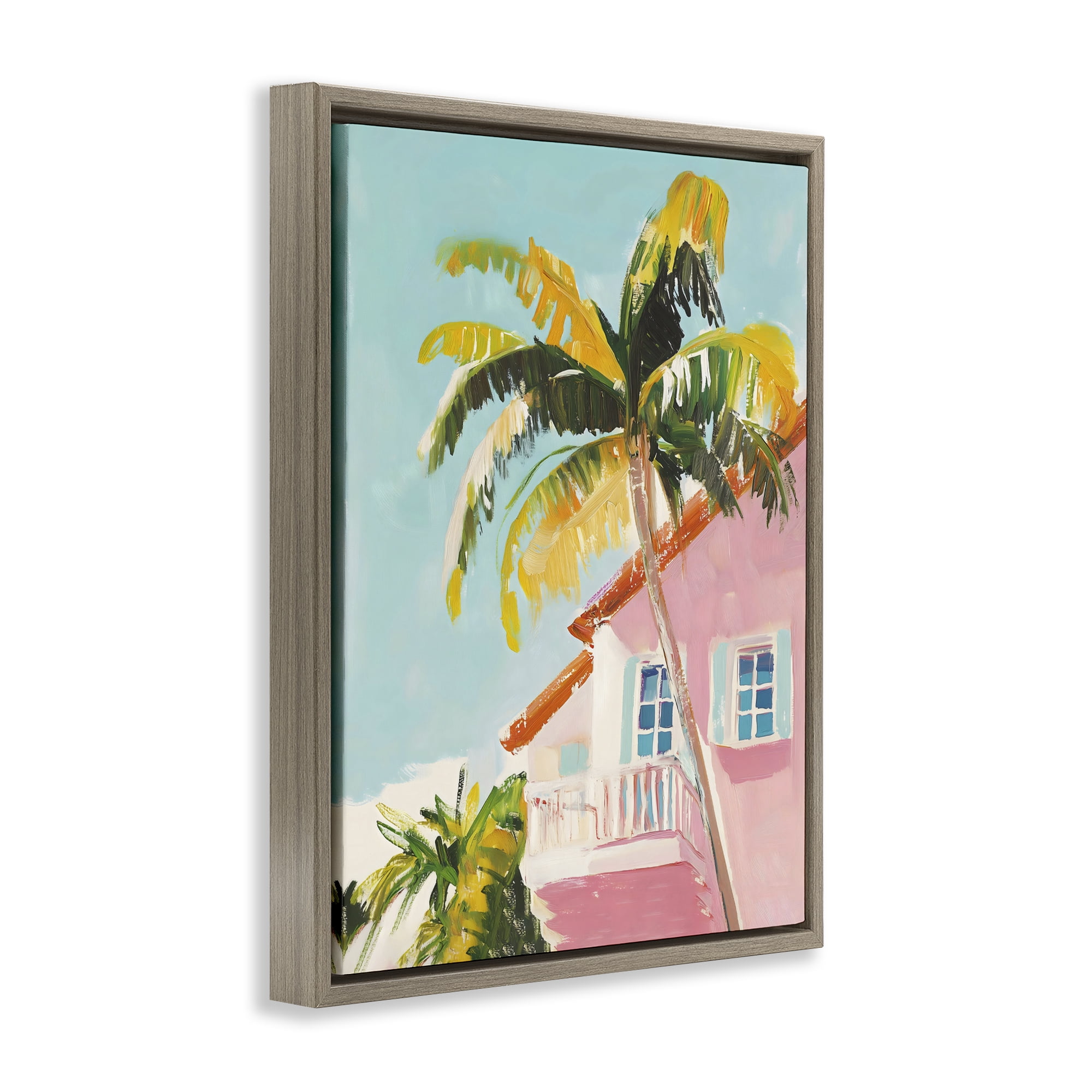 Stupell Industries Pink House Palm Tree Brown Framed Floater Canvas Wall Art, design by The Prints Vibe