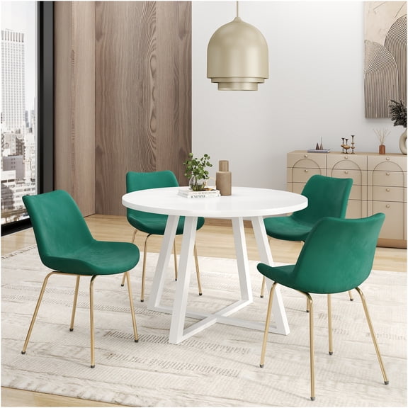 JERFIT 5-Piece Round Dining Set with Trestle Table and 4 Velvet Upholstered Chairs, White and Green Modern Kitchen Breakfast Nook