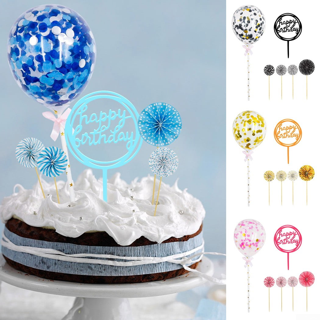 ⭐6pcs Happy Birthday Cake Topper Set Paper Fan Confetti Balloon Acrylic Topper⭐ 