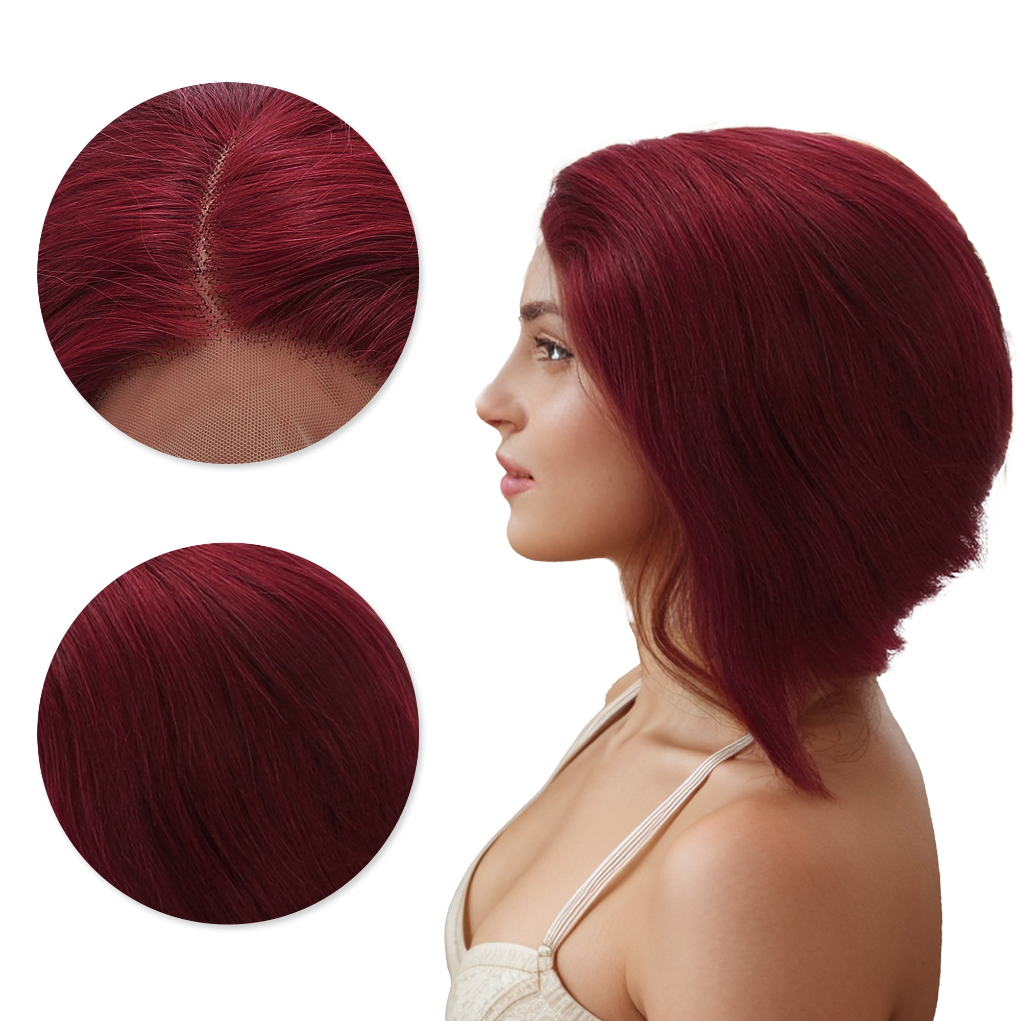 Unique Bargains 1 Pc Straight Short Hair Hair Wig Real Human Hair 6in 13x4x1in 150 Human Wig Red for Women