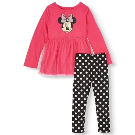 Long Sleeve Tulle Tunic and Polka Dot Leggings, 2pc Outfit Set (Toddler Girls)
