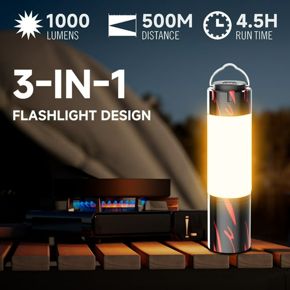 RVPOZWER 3-in-1 LED Camping Lantern & Flashlight, IP65 Waterproof Type-C Rechargeable, 5 in 1 Alloy Body, 6 h Runtime, Outdoor Emergency Torch