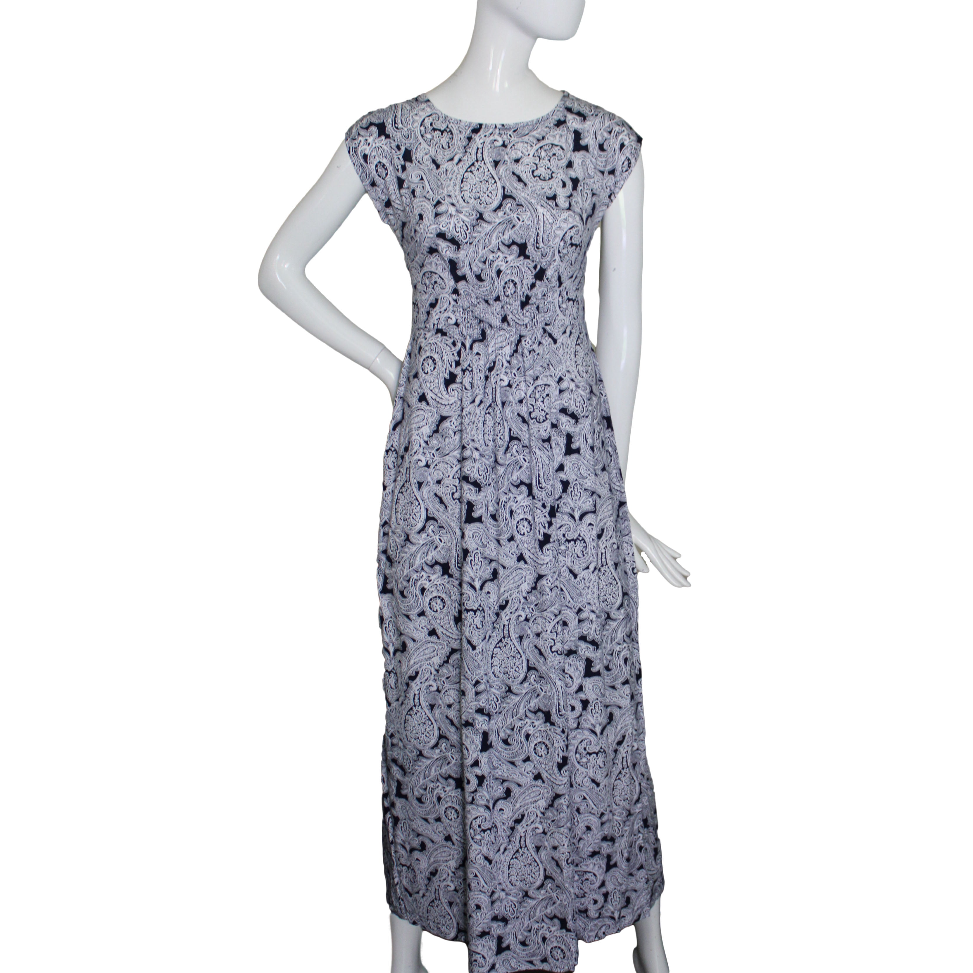Lands End Women's Xxs (00-0) Petite Cap Sleeve Knit Maxi Dress, Navy Paisley