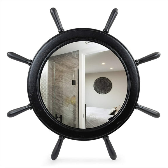 Nagina International Large 42" Matte Black Wooden Nautical Ship Wheel Mirror - Vintage Pirate Decor - Nursery Decorative Wall Hanging - Vintage Ocean Beach Home Gift