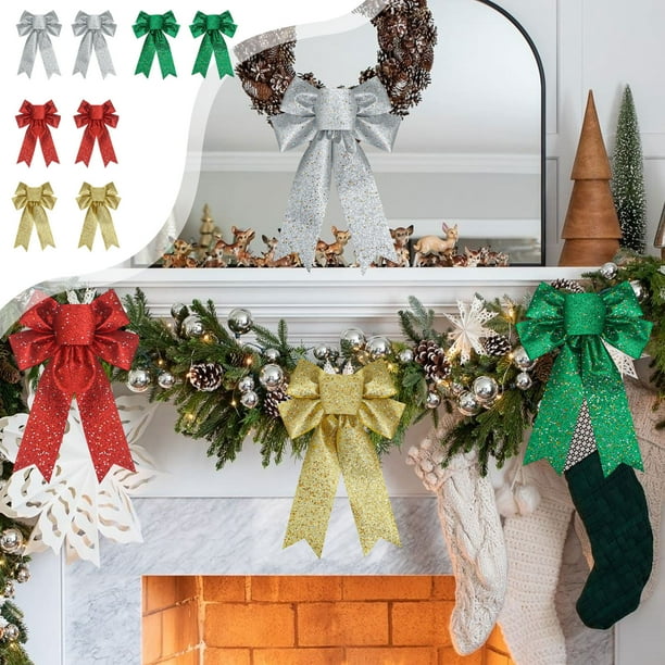 Set de adornos para lazos del árbol de Navidad | Grandes lazos festivos para fiestas, bodas, hogar | Lycra de nylon, plata dorada, verde roja | 2 Pack | Fácil de colgar, llamativo, duradero, 13x9