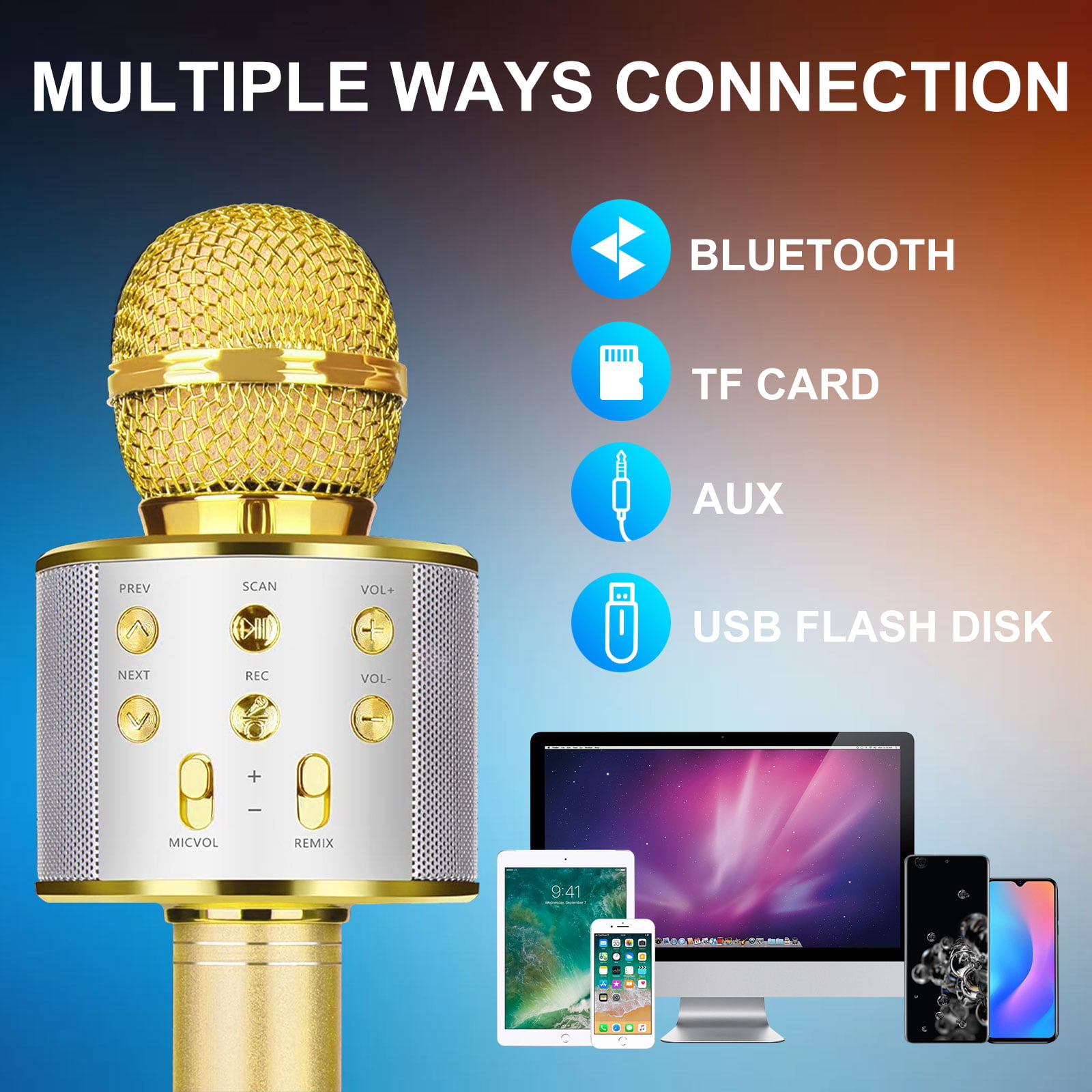 Gold Karaoke Microphone for Kids Wireless Bluetooth Kids Karaoke Microphone with LED Lights Compatible with Android & iOS Handheld Portable Karaoke Machine Home KTV Player for Children 