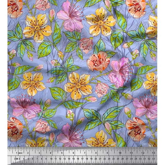 Soimoi Cotton Poplin Fabric Leaves & Buttercup Floral Print Fabric by Yard 42 Inch Wide