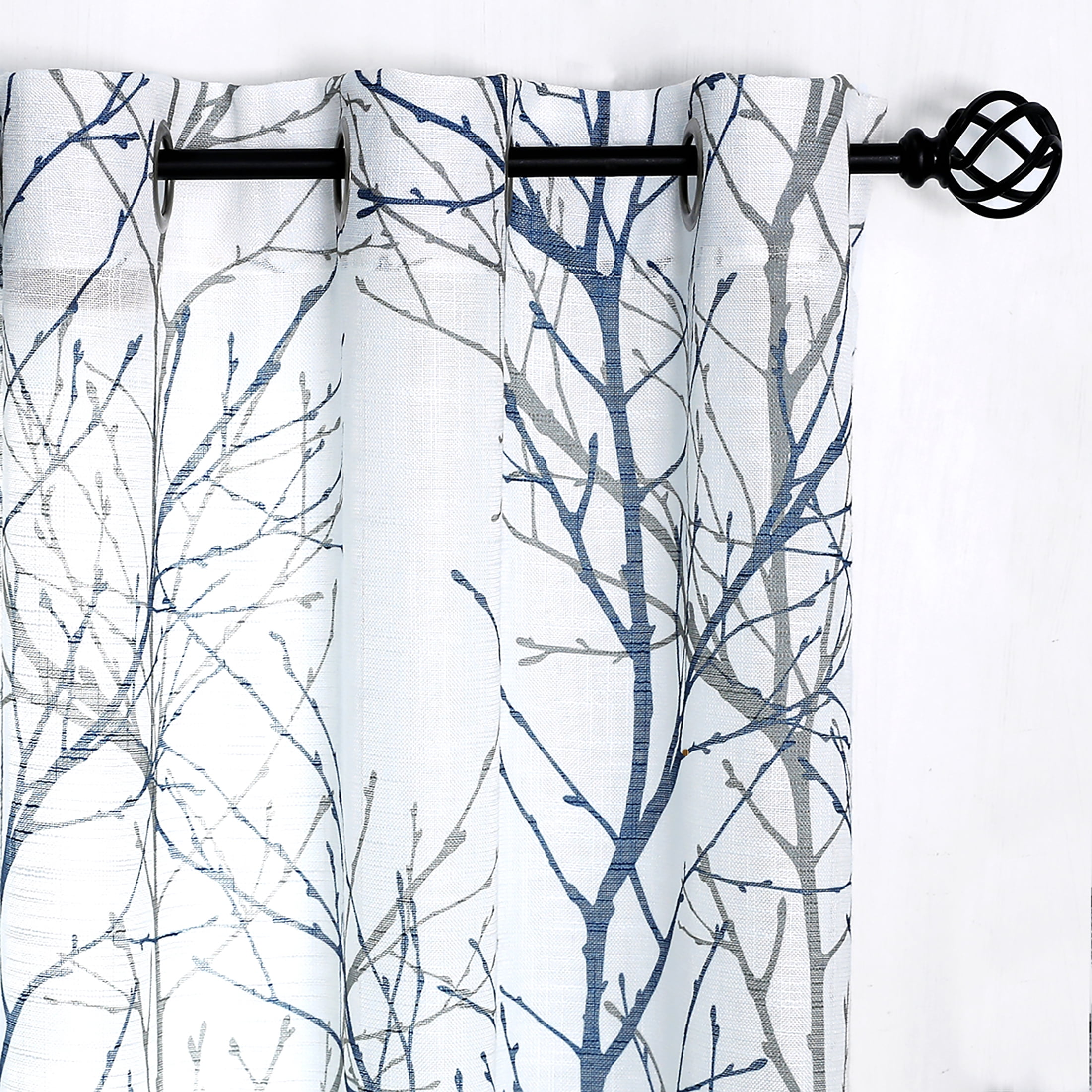 Decoultimatex White Semi Sheer Curtains for Living Room With Blue Grey Branches Printing on Linen Textured White Window Treatment Panels for Bedroom Drapes, 50"x96"x2
