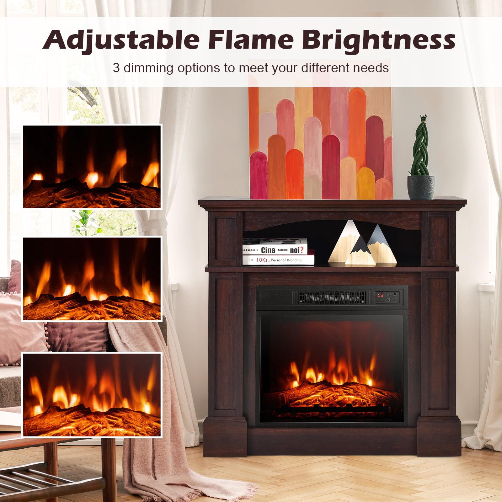 32" Electric Fireplace w/Mantel and Remote Control, Freestanding Heater w/3-Level Adjustable Flame Brightness & Overheat Protection, Brown
