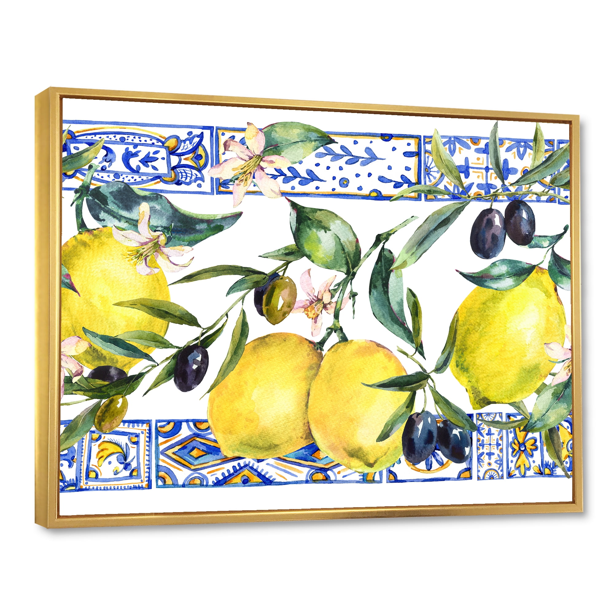 Designart 'Geometrical Pattern of Lemon Ornament On Blue II' Tropical Framed Canvas Wall Art Print