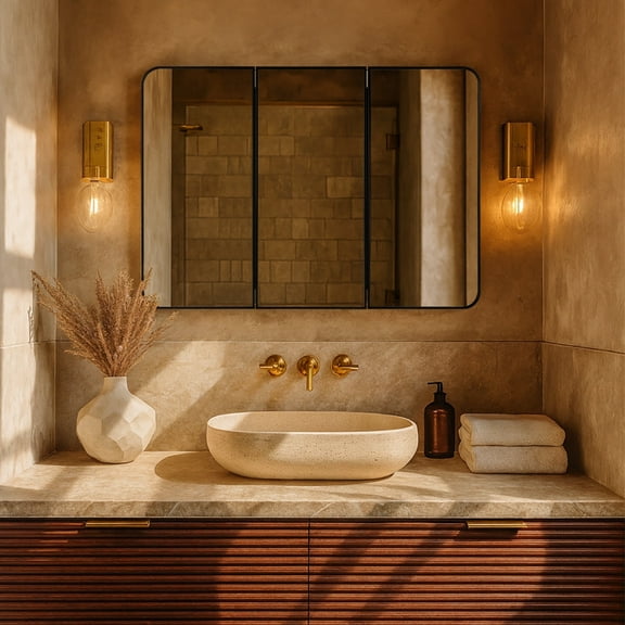 TEHOME Triple Door Bathroom Medicine Cabinet with Mirror, 26x36 Inch, Black Metal Frame, Soft Close, Adjustable Glass Shelves, Surface & Recessed Wall Mounted, Fully Assembled