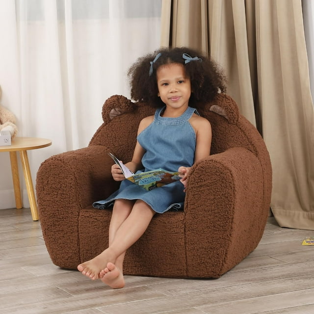 MOMCAYWEX Cómoda silla para niños pequeños con osito de peluche Sherpa, sofá para niños con respaldo alto, silla de lectura para niños y niñas, color marrón