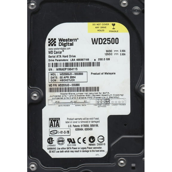 WD2500JD-00GBB0, DCM HSCHCTJCH, Western Digital 250GB SATA 3.5 Hard Drive
