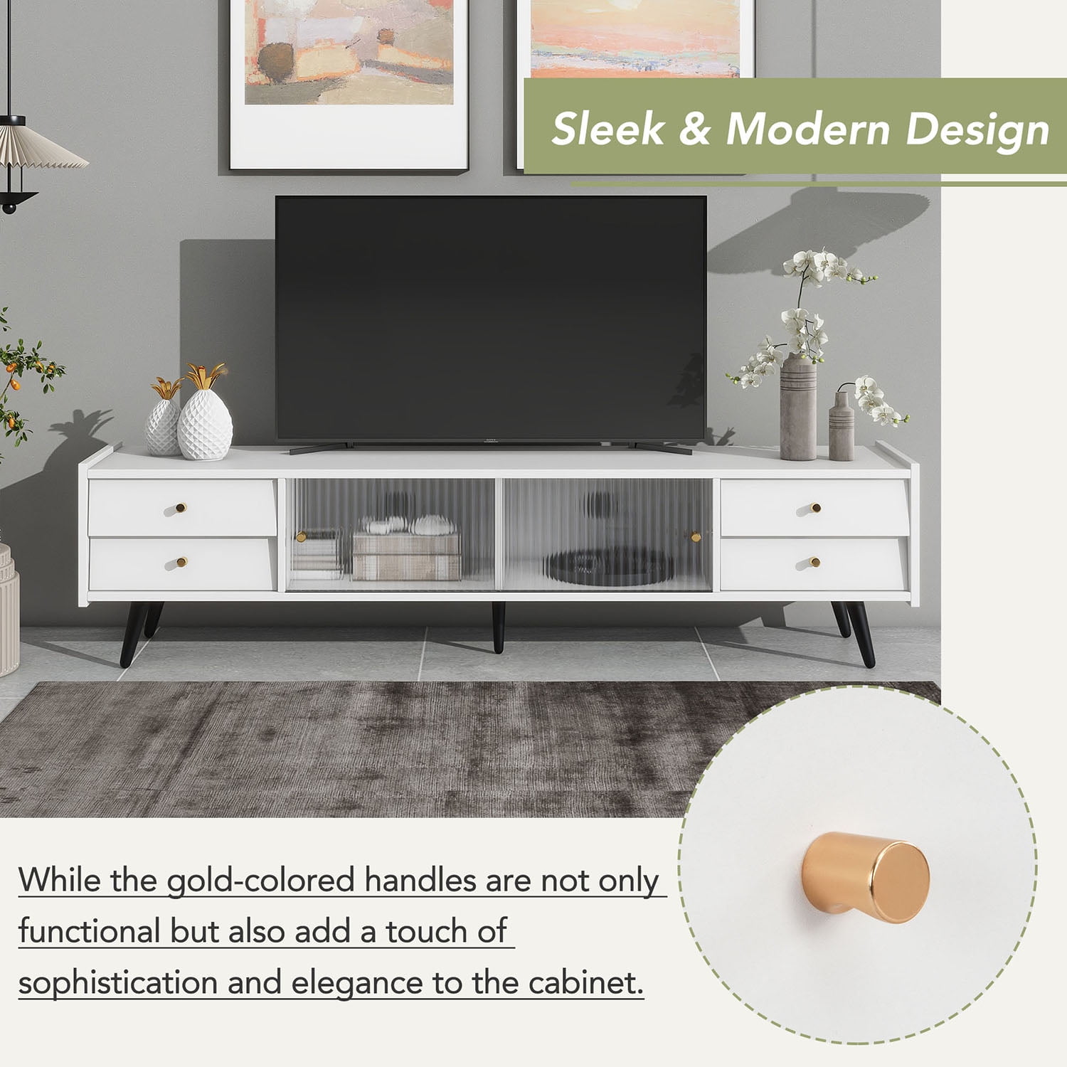 Kadyn MDF TV Stand, Entertainment Center TV Console with Sliding Fluted Glass Doors for TVs Up to 70", White