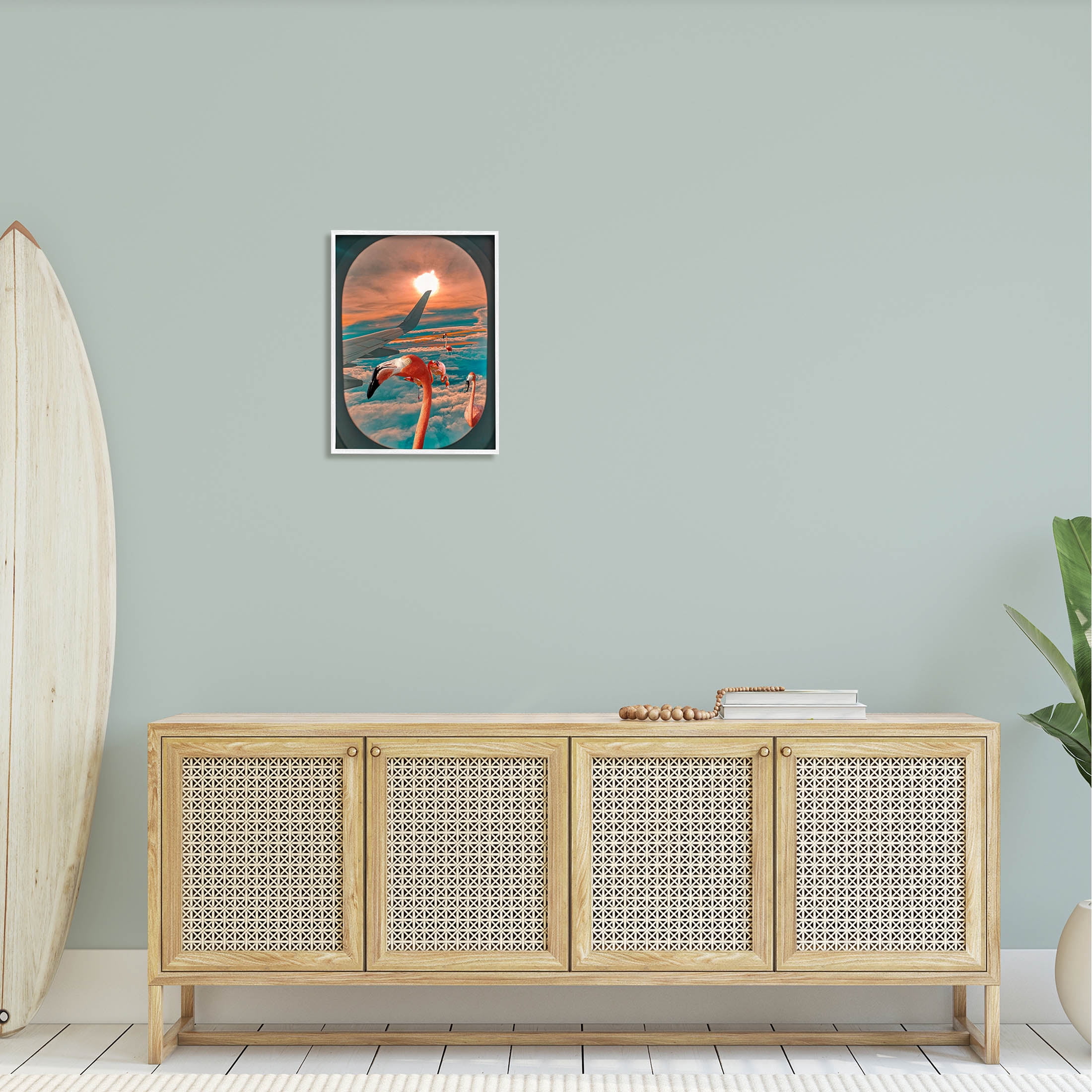 Flamingoes Airplane Window Clouds Animals & Insects Graphic Art White Framed Art Print Wall Art
