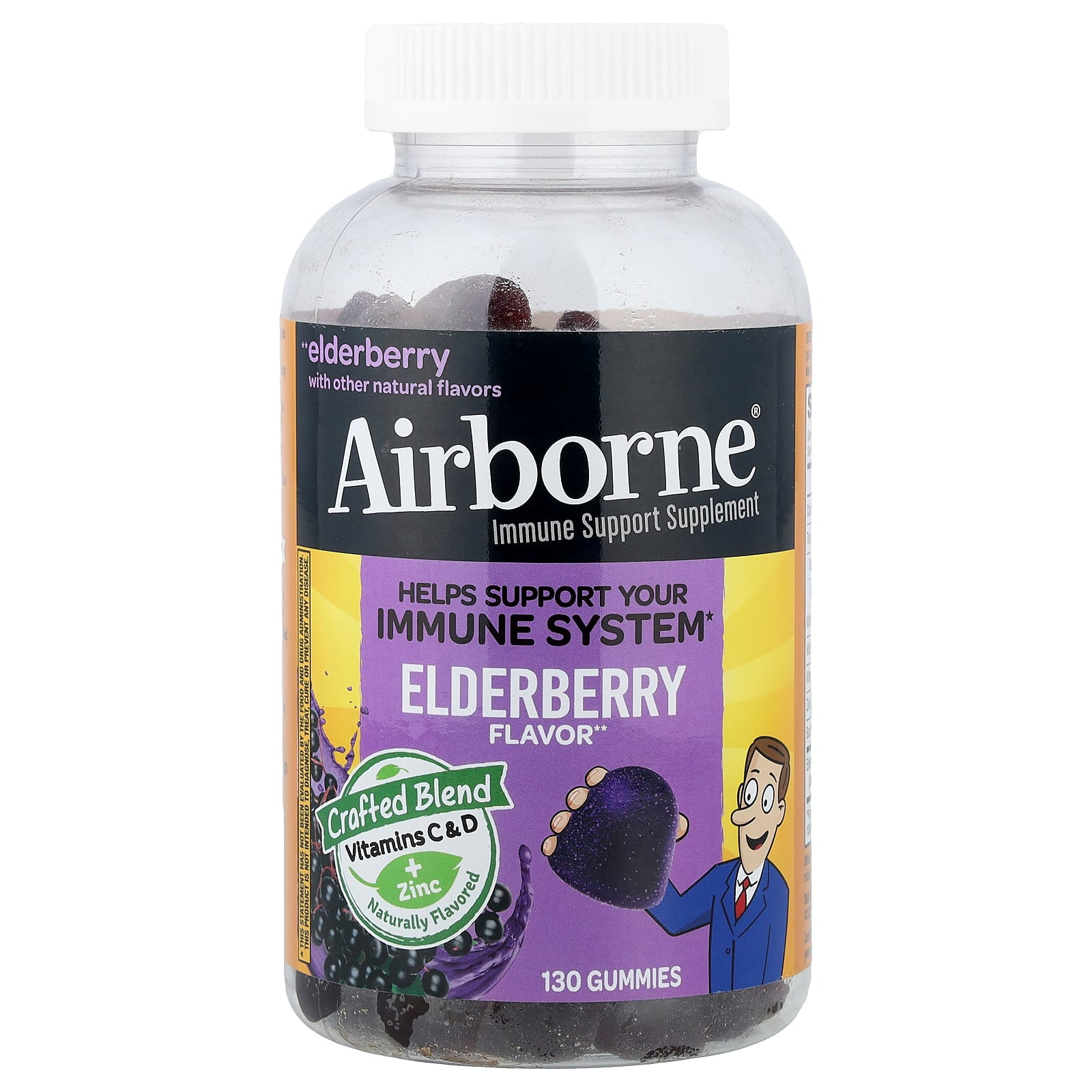 Airborne Elderberry + Zinc & Vitamin C 130 Gummies For Adults, Immune Support Zinc Gummies with Powerful Antioxidants Vit C D & E Elderberry Flavor