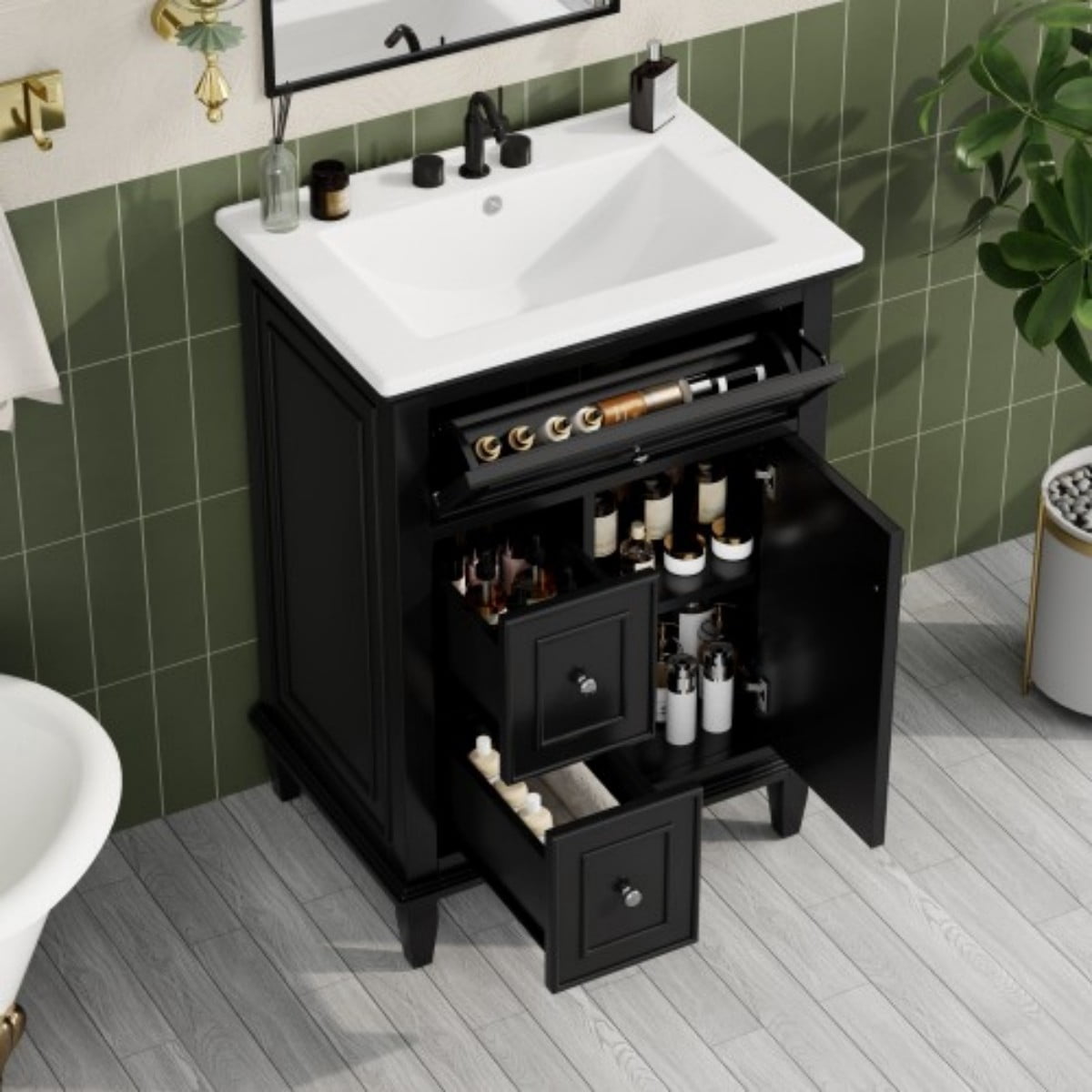 24" Bathroom Vanity with Sink, Modern Bathroom Vanity Cabinet with Flip Drawer, 2 Drawers, Adjustable Shelf, Solid Wood & MDF, Black