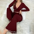 thumbnail image 3 of ICHUANYI Womens V-neck Pajamas Long Sleeve Sleepwear Top with Pants Super-Soft Solid Lounge Sets, 3 of 8
