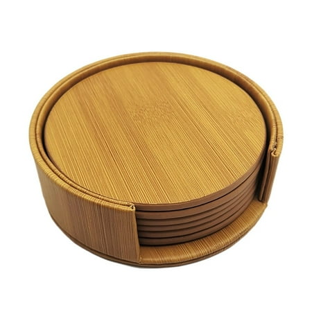 

6Pcs Round Leather Coaster Set Leather Coaster PU Premium Insulation Pad