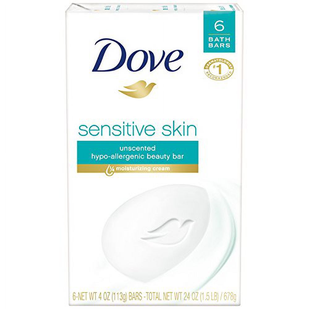 Dove Beauty Bar More Moisturizing Than Bar Soap Sensitive Skin With Gentle Cleanser for Softer Skin, Fragrance-Free, Hypoallergenic Beauty Bar 3.75 oz, 6 Bars - image 2 of 14
