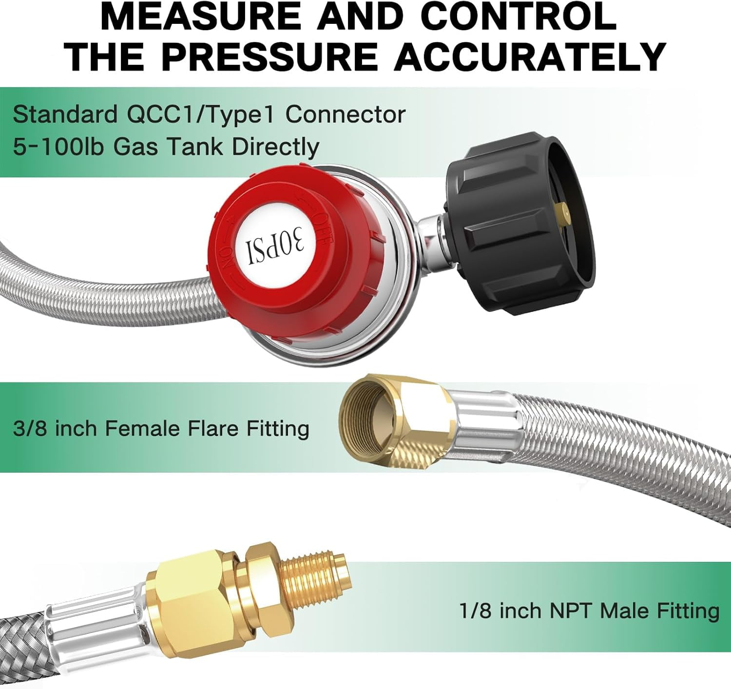 4FT 0-30 PSI Adjustable High Pressure Propane Regulator 30 psi Regulator Stainless Braided Propane Hose QCC1/Type1 Hose with 3/8 Flare x 1/8 MNPT Fits for LP Gas Cooker, Burner, Turkey Fryer, Smoker