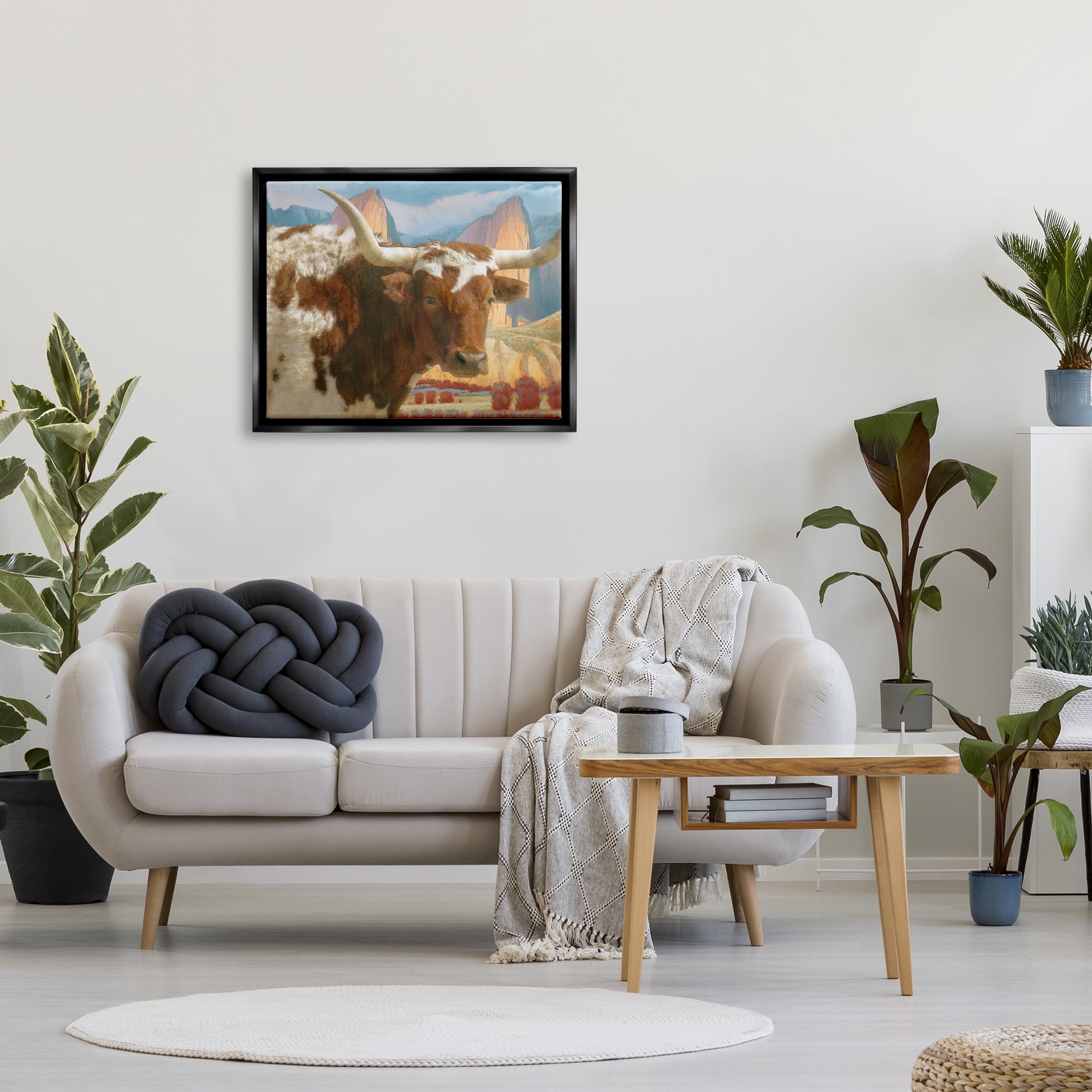 Stupell Longhorn Cattle Farm Landscape Animals & Insects Painting Black Floater Framed Art Print Wall Art