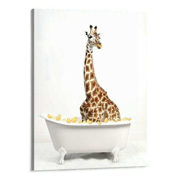 Shiartex Funny Kids Bathroom Canvas Wall Art Decor,Cute Animal Wall Art Minimalist Decor Posters,Giraffe In A Vintage Bathtub Pictures For Bathroom Restroom Nursery Wall Decor 16x20 Inch
