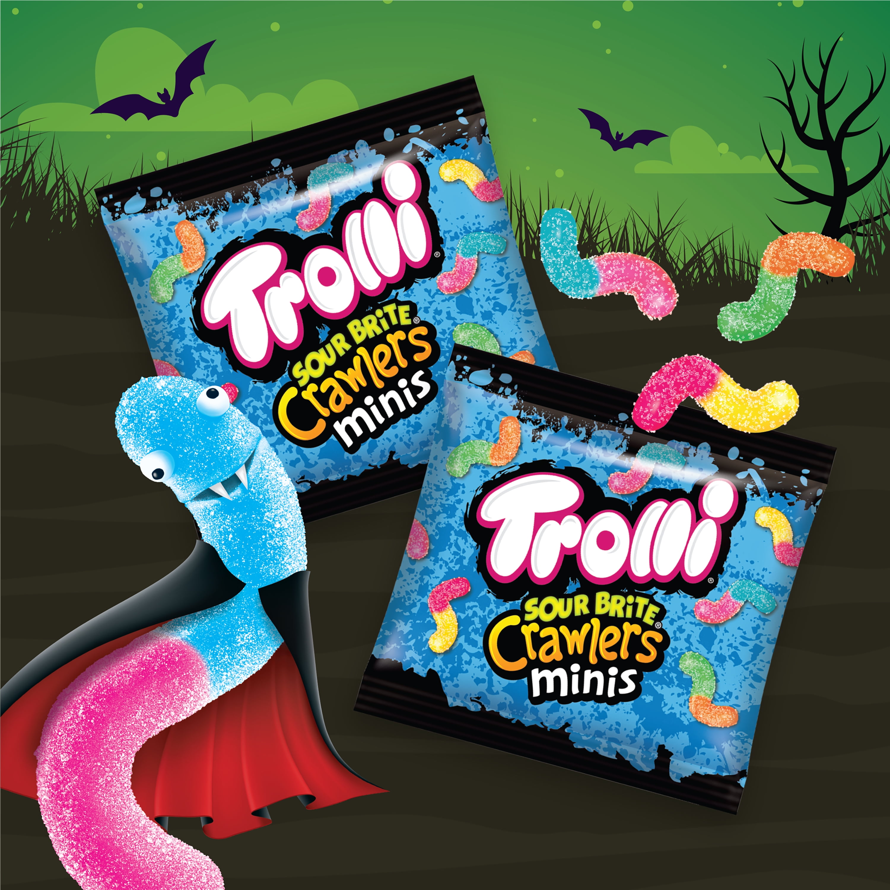(3 pack) Trolli Sour Brite Crawlers, Halloween Sour Candy Treat Packs, 7.2 oz Bag, 12 Count