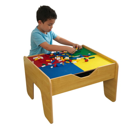 KidKraft 2-in-1 Reversible Top Activity Table with 200 Building Bricks and 30-Piece Wooden Train Set -
