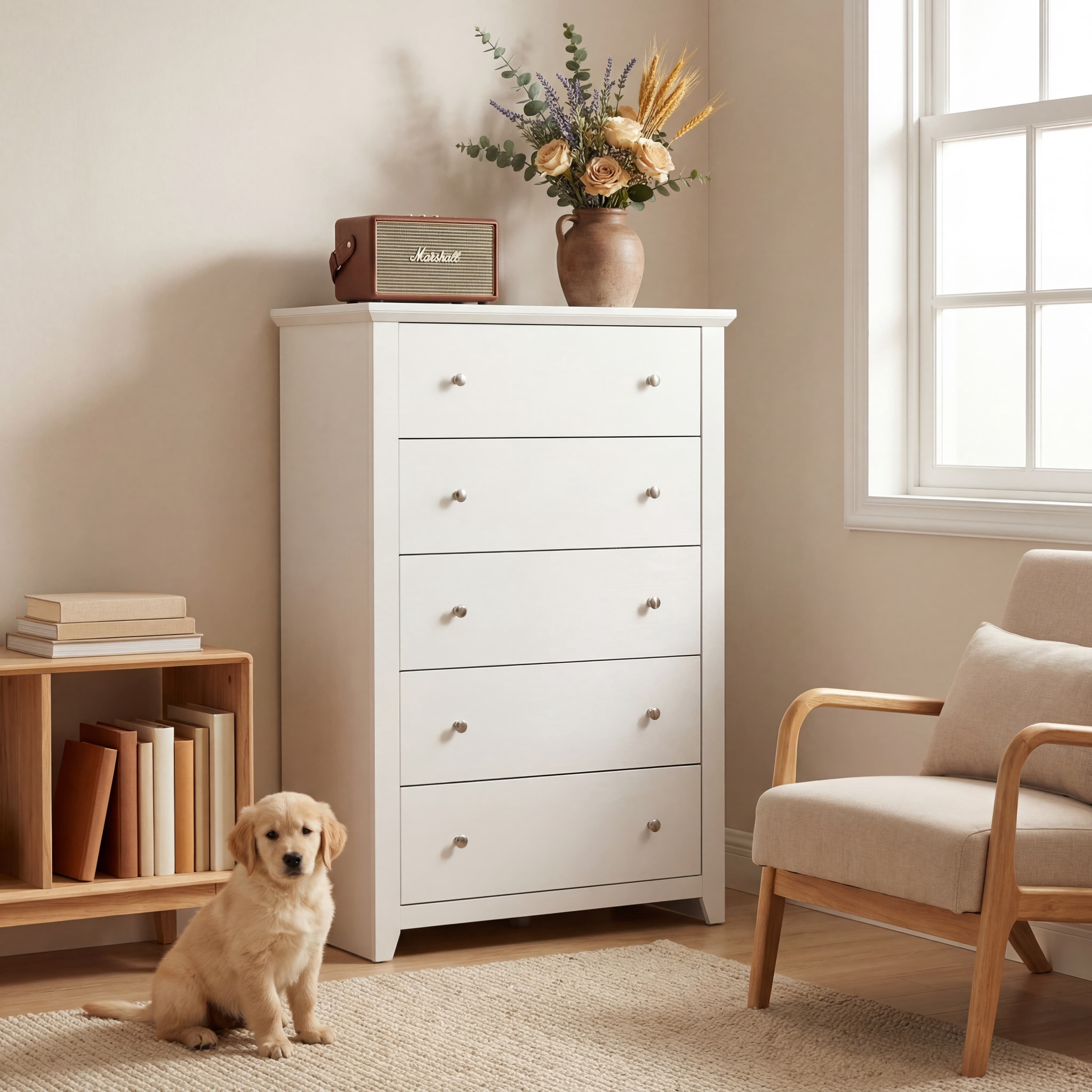 TrumanPick White Dresser for Bedroom, Tall Chest of Drawers for Living Room, Wooden Dressers 31.2"W x 17"D x 47"H for Nursery Hallway Closet