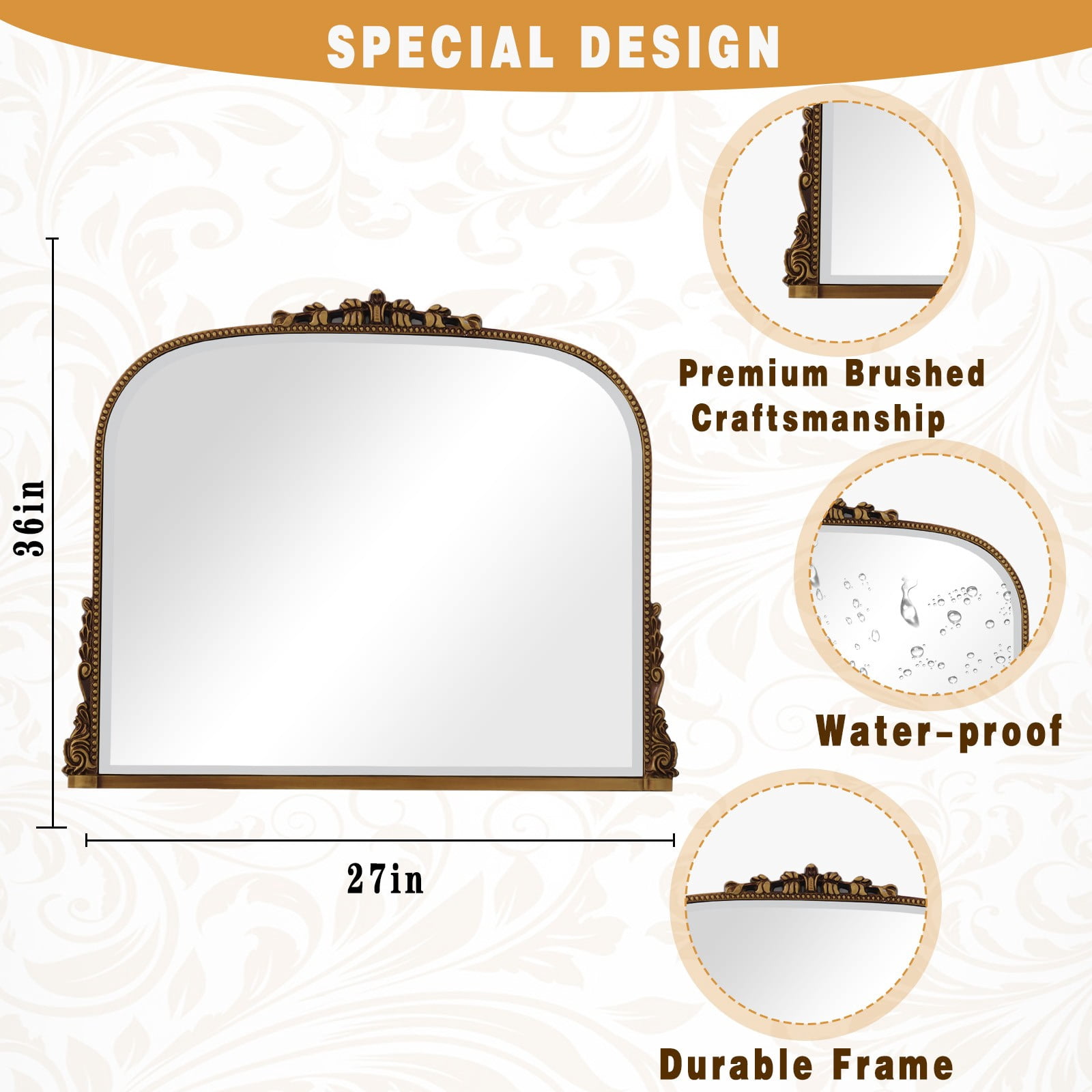 SHATTERVIEW 36"x 27" Bathroom Mirror Vintage Wall Mirror Arched Vanity Mirror Vintage Home Decor, Antique Gold