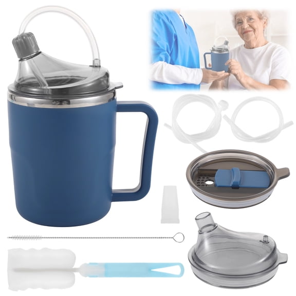 Spill-Proof Cup for Elderly, 13.5 oz Adult Sippy Cup, Non-Spill Feeding Cup with Straws & Brushes, Leakproof Porridge Mug, 3-in-1 Care Mug for Bedridden Patients