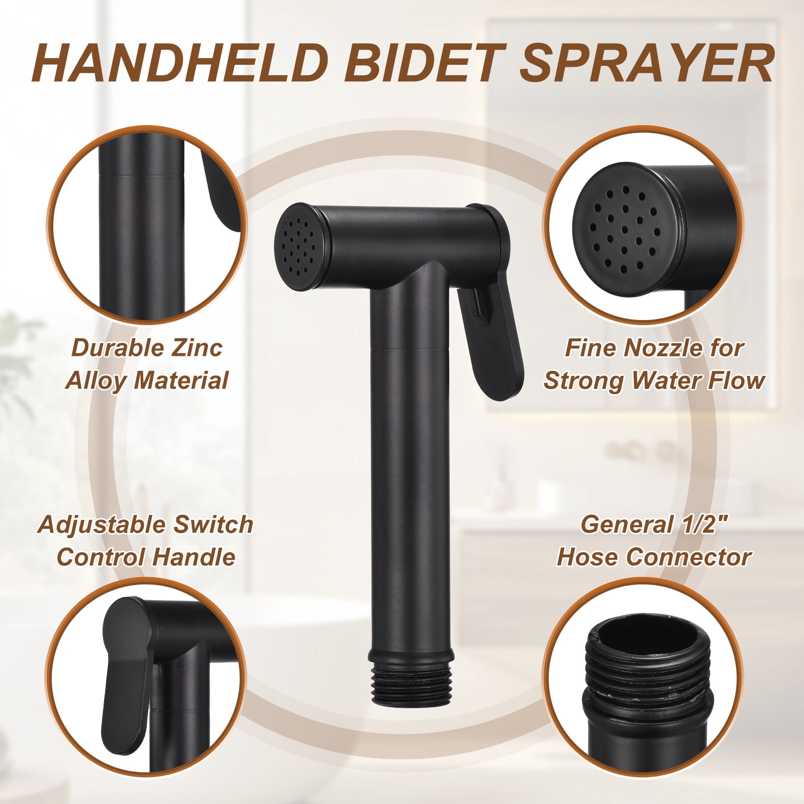 Uxcell Handheld Bidet Sprayer, Water Pressure Control Adjustment Bathroom Sprayer with Bidet Holder and Screw for Toilet Bathroom Kitchen Flushing Washing Cleaning, (Round, Black)