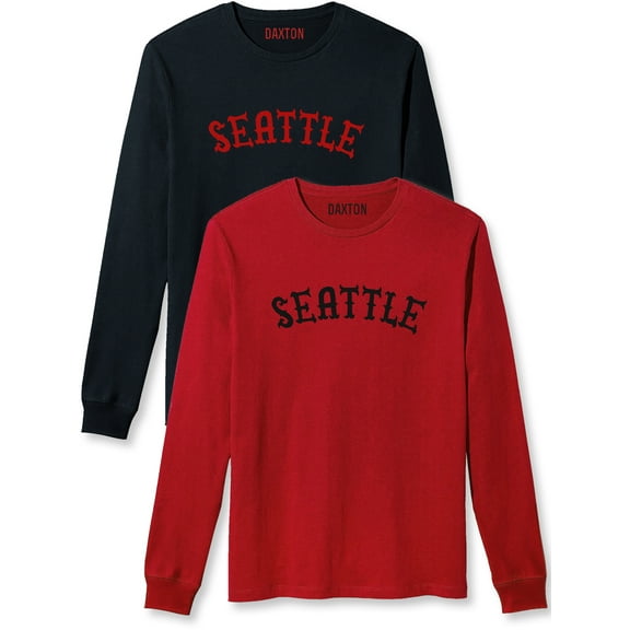 Daxton Retro Seattle Arch Font Long Sleeves TShirt Soft Med Weight Cotton, 2Pk Black Red Red Black, 2XL