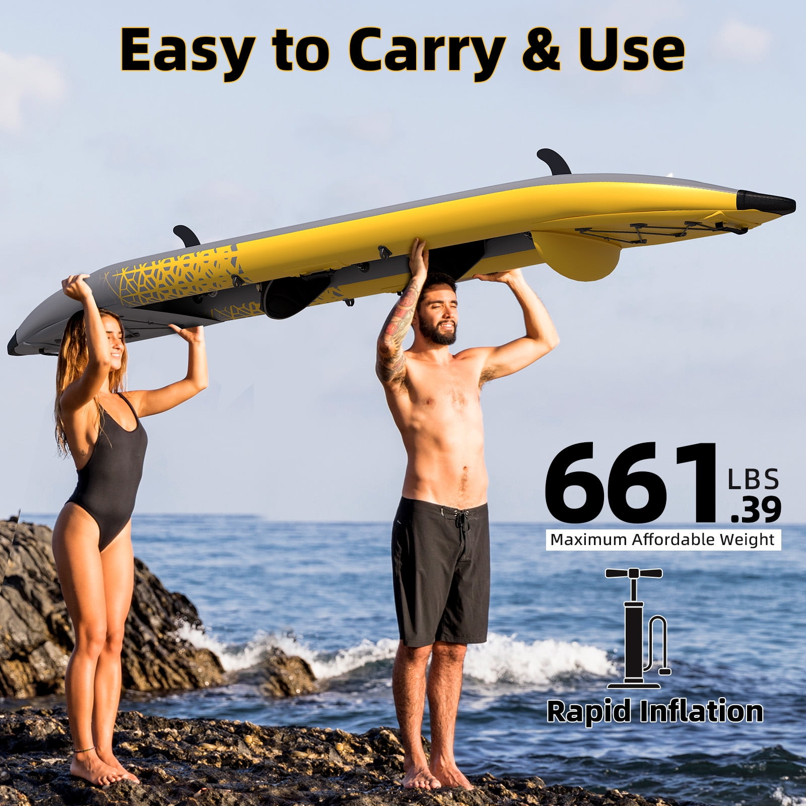Danrelax 2-Person Inflatable Kayak for Adults, Drop-Stitch Floor, Tandem Kayak, Yellow