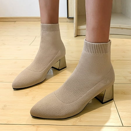 

ERTUTUYI Women s Wnitted Socks Boots Winter Pointed Toe Flying Woven Breathable Thick Heel Shoes Khaki 41