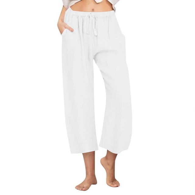 Pantalones de Cintura Elástica de Pierna Ancha para las Mujeres, Cordón de Lino Casual, Pantalones Recortados para las Mujeres