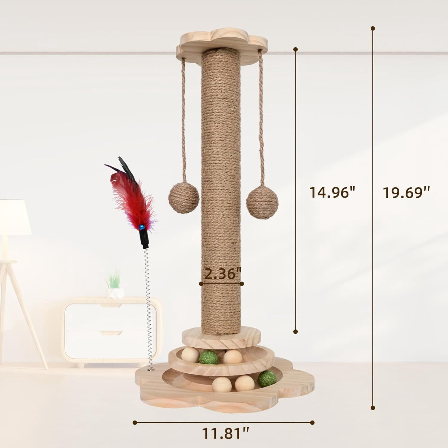 LTS EMIRA Cat Scratching Post, 4 in 1 Wooden Cat Scratcher Toy, 19.6" Tall Scratch Post with 2 Level Cat Track Balls, Interactive Feather Toy and 2 Sisal Hanging Balls for Indoor Kittens, Adult Cats