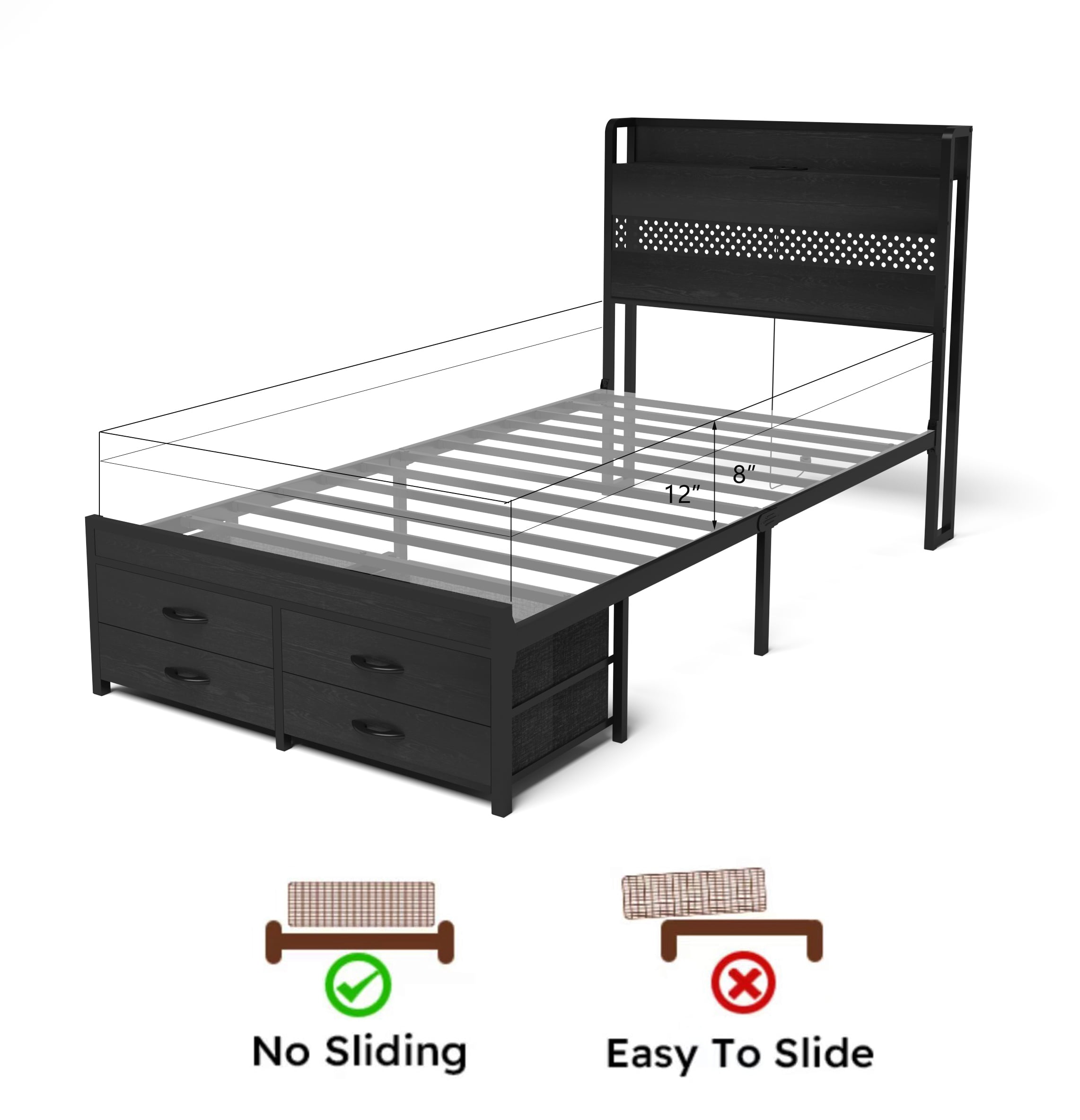 Yoneston Twin Size Kids RGB LED Platform Bed Frames with Storage Headboard, USB Charging Station and 4 Footboard Drawers for Teens Child, Black