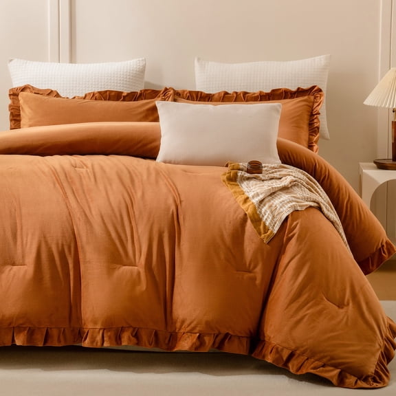 Caramel Velvet Comforter Set King, Ruffled Fluffy Plush Bedding with Pillowcases, All-Season Cozy Luxury Bed Set for Women & Girls