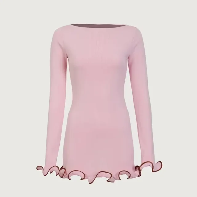 New Knitted Mini Dress Fungus Contrast Color Slim Sweater Dress Elegant Female Party