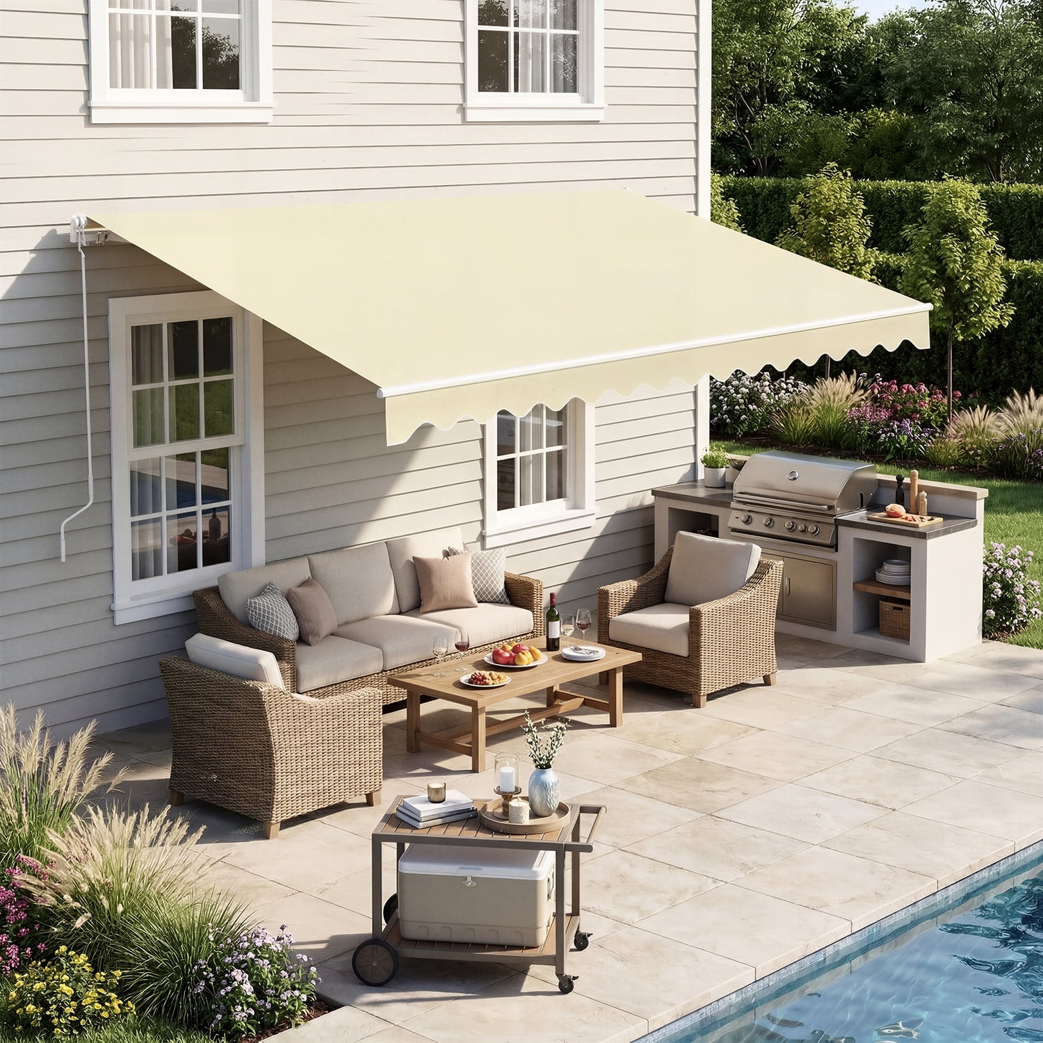 BaPiPro 12'x10' Manual Retractable Awning for Patio, Outdoor Sun Shade Waterproof Fabric Canopy with Crank Handle, UV Protection for Deck Balcony, Beige
