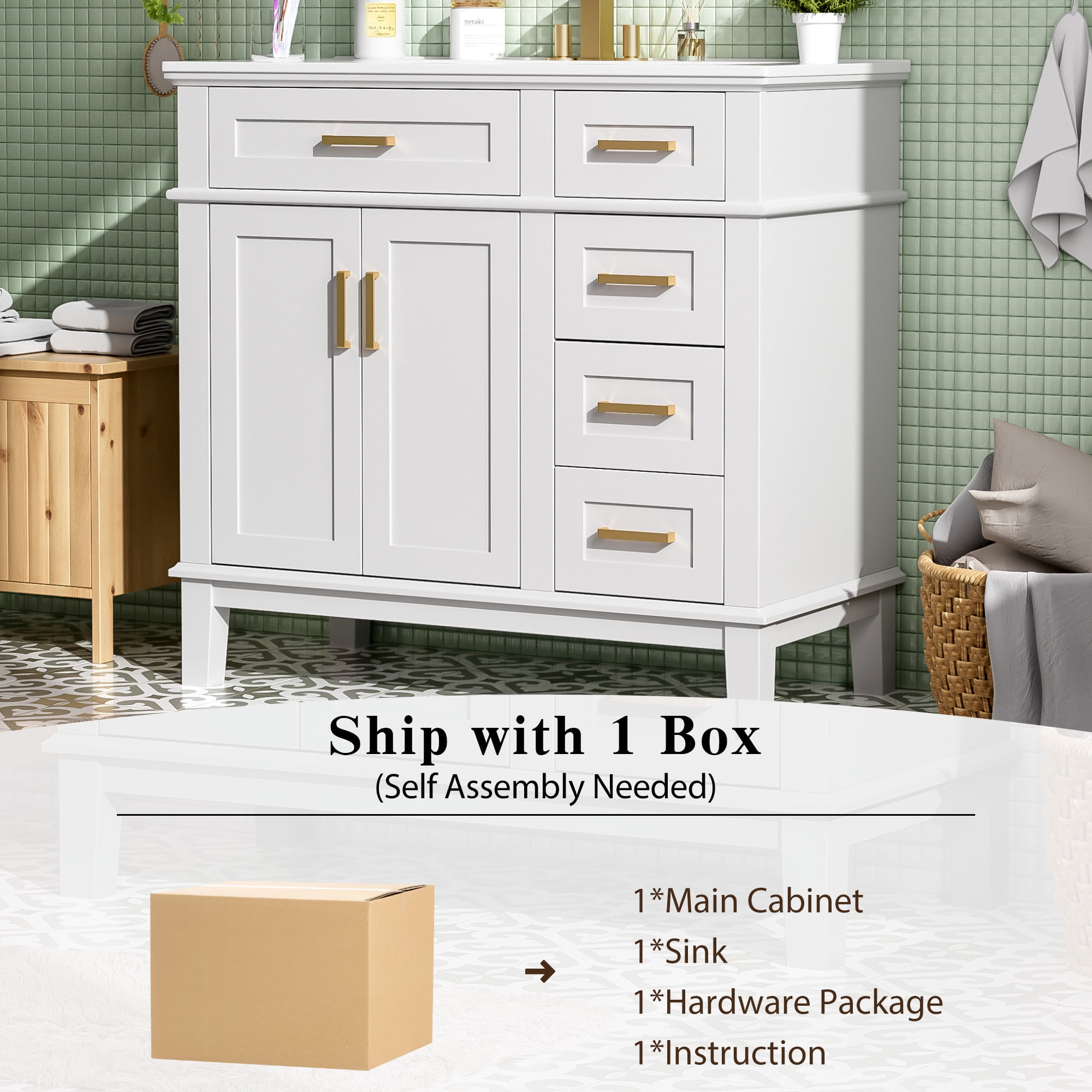 Euroco 36" Bathroom Cabinet with Ceramic Sink, Soft-Close Doors, Golden Handles, Ample Storage, and Overflow Protection