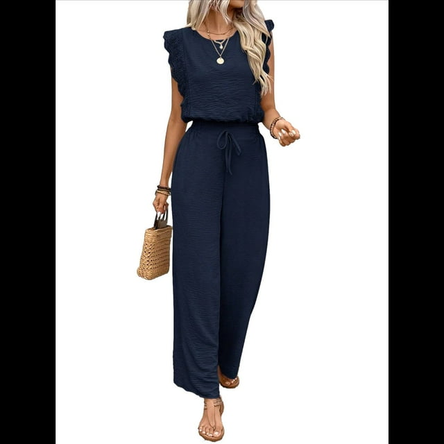 para Mujer, Verano 2025, Mangas con Volantes, Cuello Cuadrado, Mono con Cordón y Bolsillos, Azul Oscuro, Talla XL