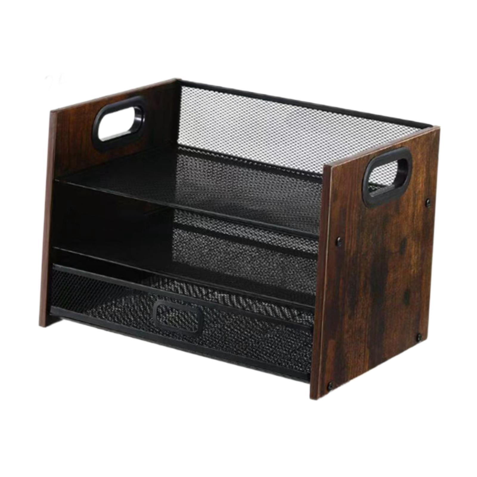 koolsoo Desktop File Organizer, Wood Desk Organizer, Tiered,Wooden Paper Tray with Handle for Home Papers Notebooks 3 Tier