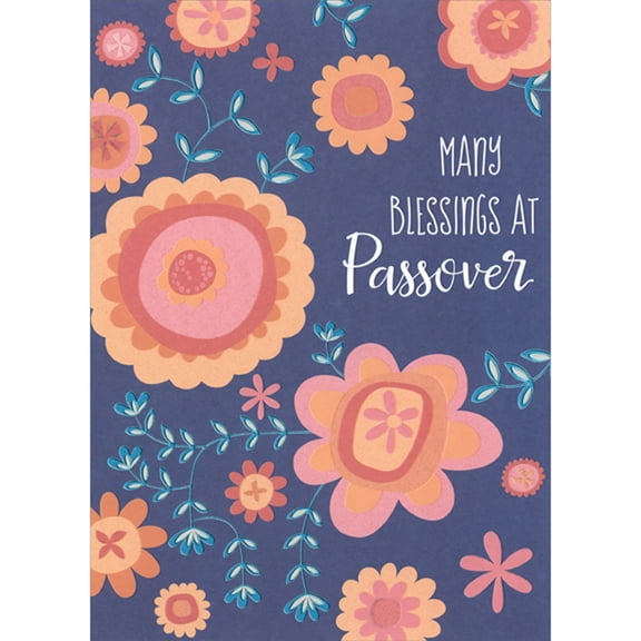 Designer Greetings Repeated Various Sized Orange and Pink Flowers with Blue Foil Vines on Dark Blue Background Passover Card